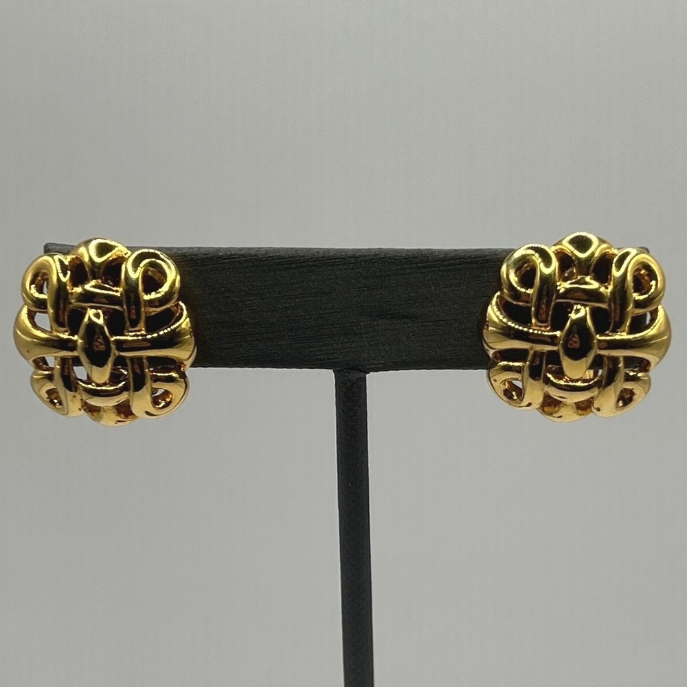 Vintage Clip On Earrings Square Open Basket Weave Gold Tone